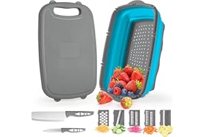 Gintan Camping Cutting Board, 9-in-1 Collapsible Chopping Board with Colander, Gifts for Campers Happy Camper,Camping Accessories for RV Campers(Blue+Grey)