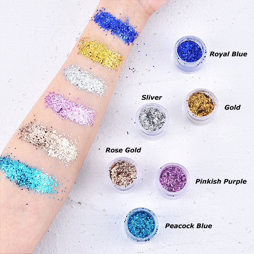 6 Colour Face Glitter - Chunky Glitter - Festival Glitter Cosmetic Face Body Cheeks Hair Nails Art Sparkling Decoration Glitter for Music Festival Wedding Party Masquerade Christmas