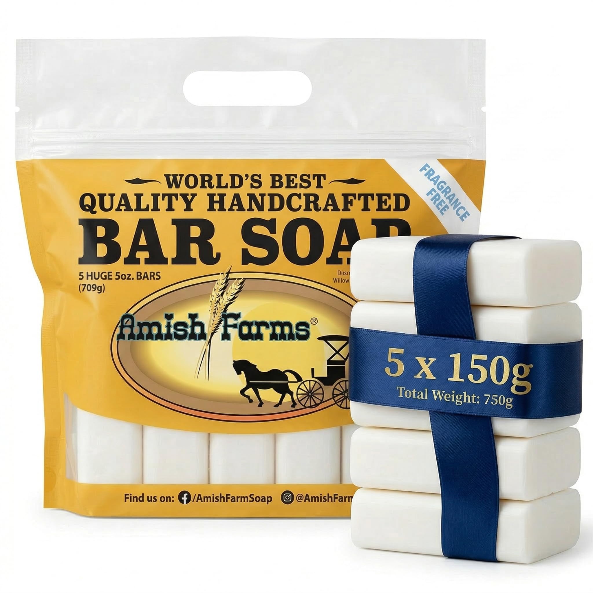 Amish Farms Fragrance-Free Natural Bar Soap - Unscented for Sensitive Skin, Dye-Free Moisturising Body Bars Multipack, Natural Soap for Men and Women, 150g Each All-White 5 Bars