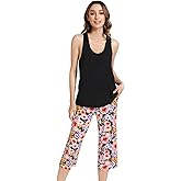NACHILA Women's Pajamas-Viscose Made from Bamboo, Sleeveless Pajama Set Soft Tank Top Sleepwear Capri Pants Pjs