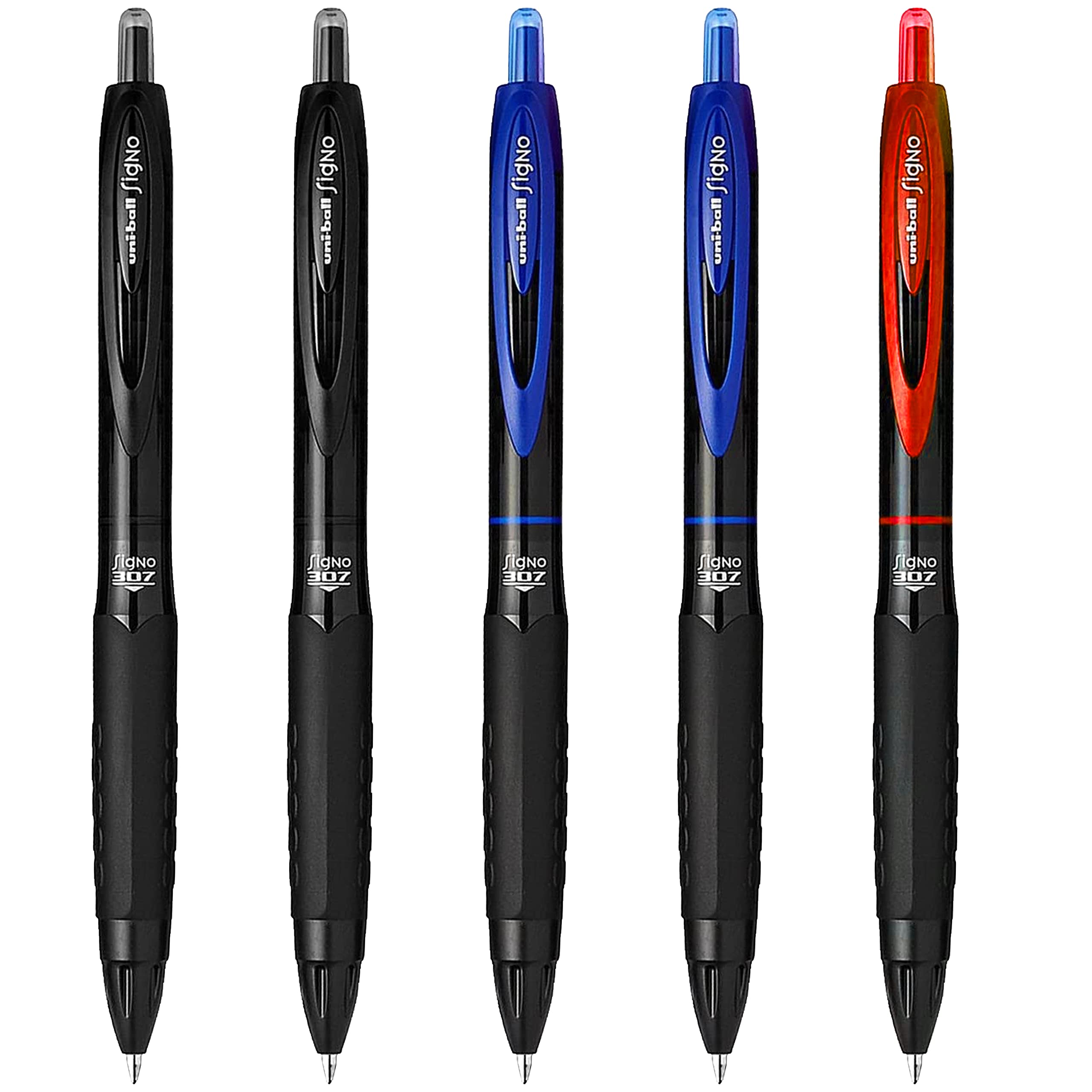 uni-ball Signo 307 - Fine Retractable Rollerball Pen - 5 Pack - 2 x Black, 2 x Blue & Red Ink - UMN-307