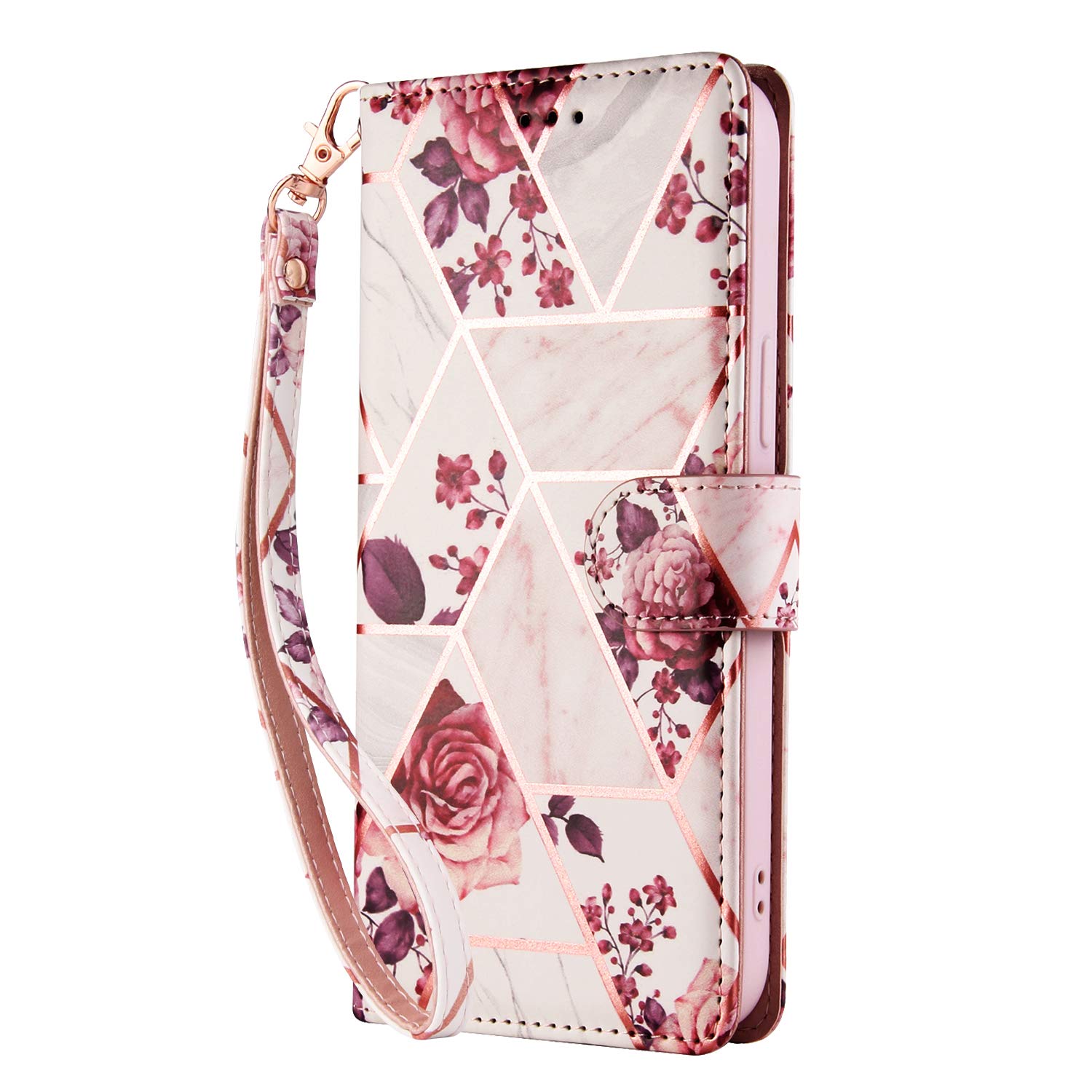 Samsung Galaxy A22 5G Case Marble, Phone Case Samsung A22 5G for Girls Women with Card Holder Slots Magnetic Kickstand Full Protection Shockproof PU Leather Flip Folio Wallet Cover, Rose Gold Gilding