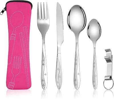 Vicloon 5Pcs Camping Cutlery Set Stainless Steel with Bottle Opener Rose Red