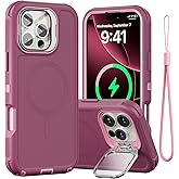 Follaroma for iPhone 16 Pro Case with Stand & Built-in Camera Cover, MagSafe Compatible, Heavy-Duty Shockproof Protection, Magnetic & Rugged Phone Cover for iPhone 16 Pro 6.3'', Purple-Pink