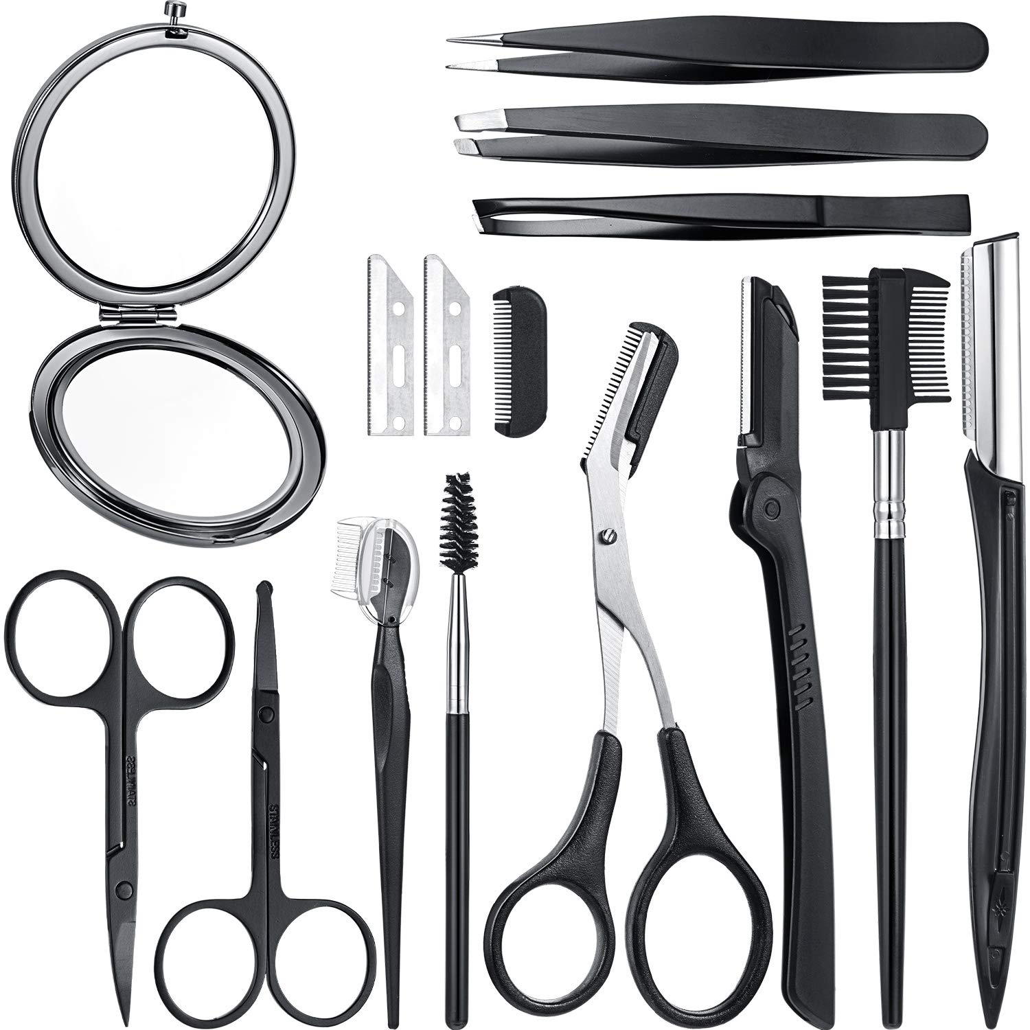 Eyebrow Razor 15 in 1 Eyebrow Kit Eyebrow Trimmer Facial Razor Eyebrow Scissors Eyebrow Tweezers Eyebrow Brush Comb Mirror Blades with Storage Bag for Women: Beauty