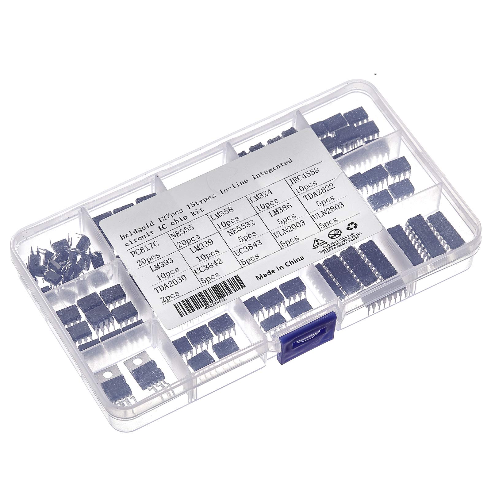 Bridgold 127pcs 15 Kinds of Integrated IC chip Operational amplifiers, Including:PC817C,NE555P,LM358,LM324,JRC4558,LM393,LM339, NE5532,LM386,TDA2822,TDA2030,UC3842,UC3843,ULN2003, ULN2803.