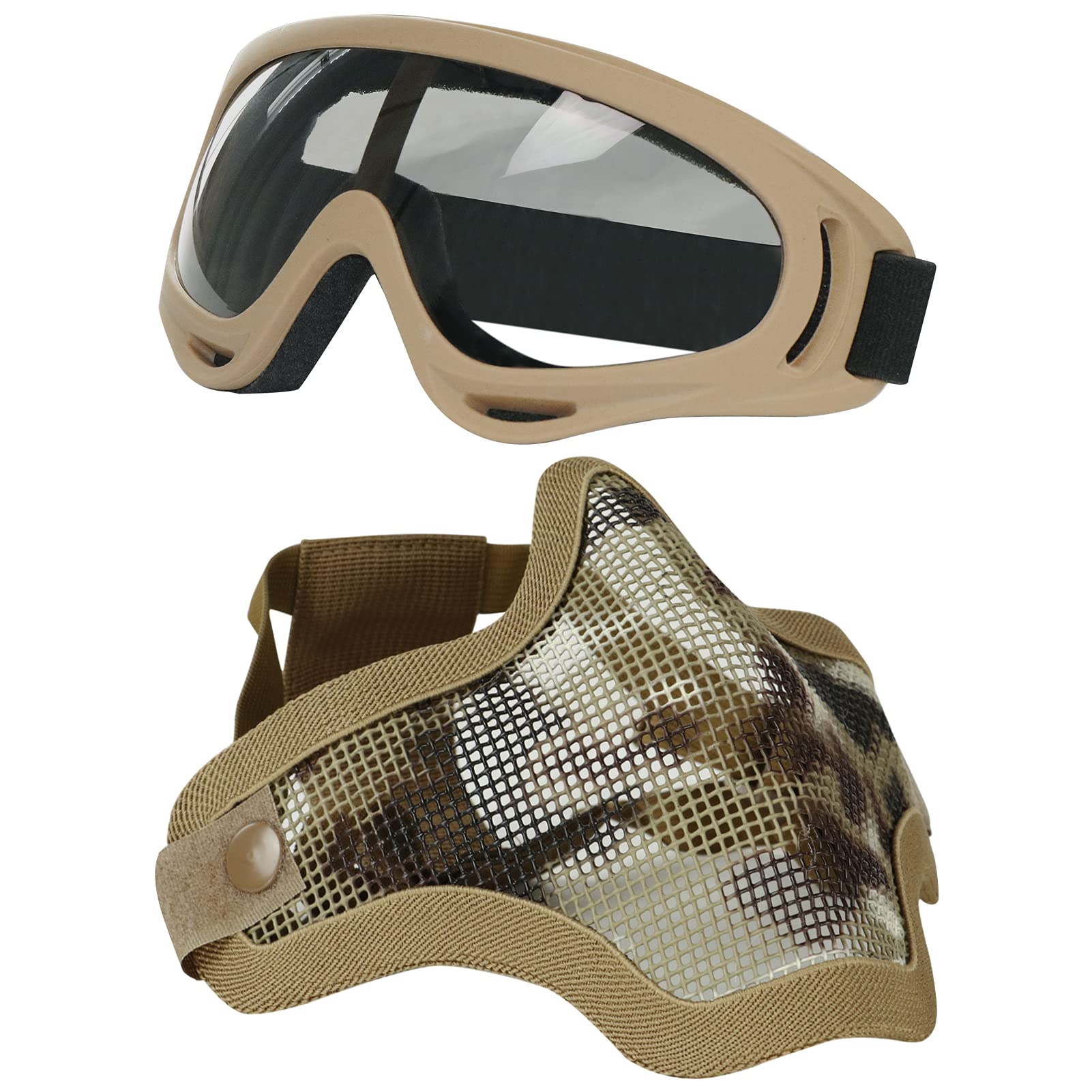 AOUTACC Airsoft Half Face Masks Steel Mesh Mask and Goggles Set for CS/Hunting/Paintball/Shooting (IT)