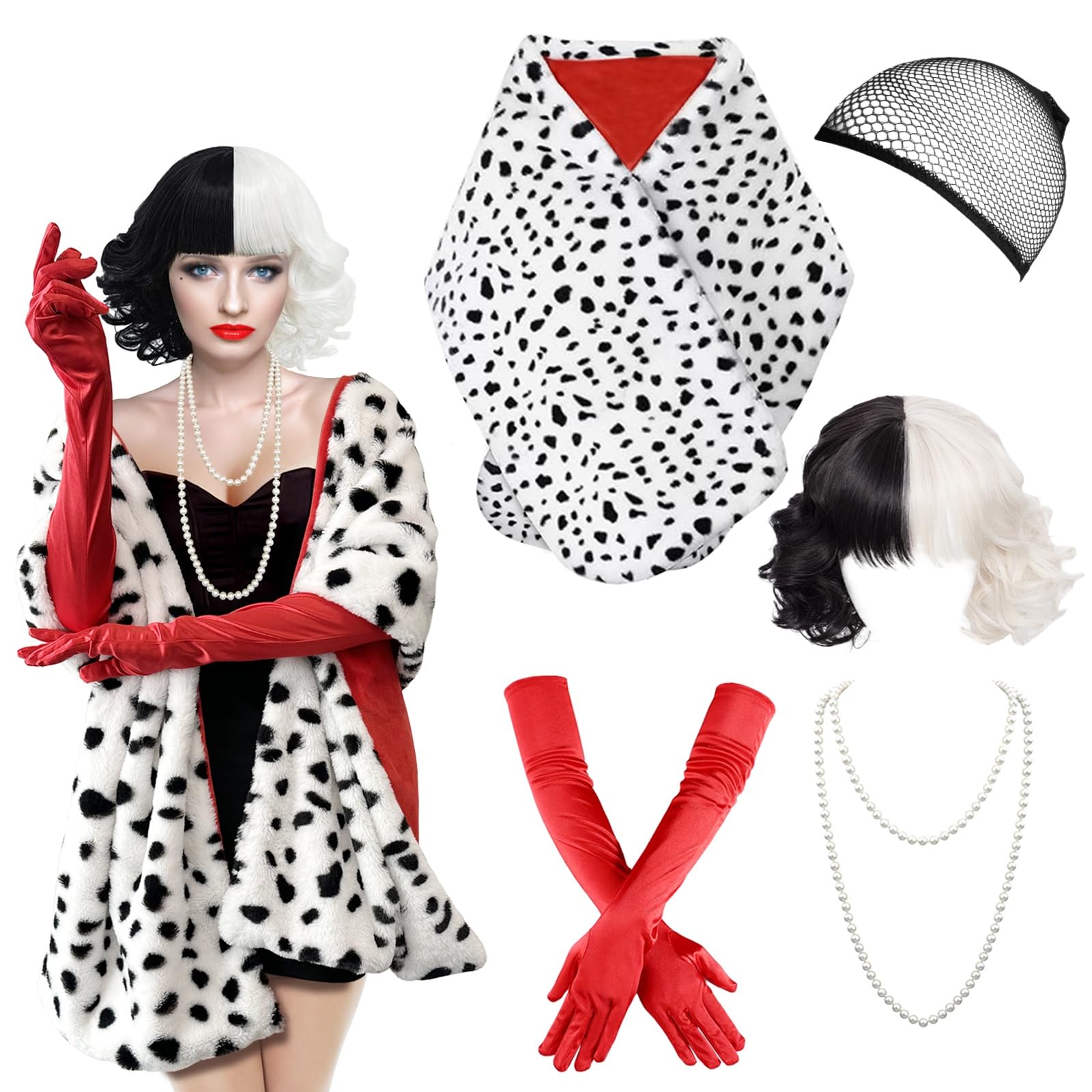 Photo 1 of 5PCS Halloween Costume Women, Dalmatian Shawl, Black and White Wig, 1920s Red Gloves, Dalmatian Costume Women Coat for Halloween Cosplay Party