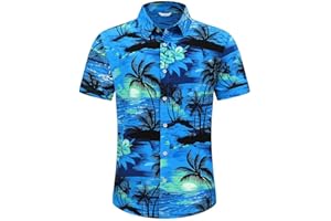 HRBTENS Men's Hawaiian Shirt Funky Blue Beach Printed Tropical Beach Shirt Casual Button Down Short Sleeve Floral Shirts Tops