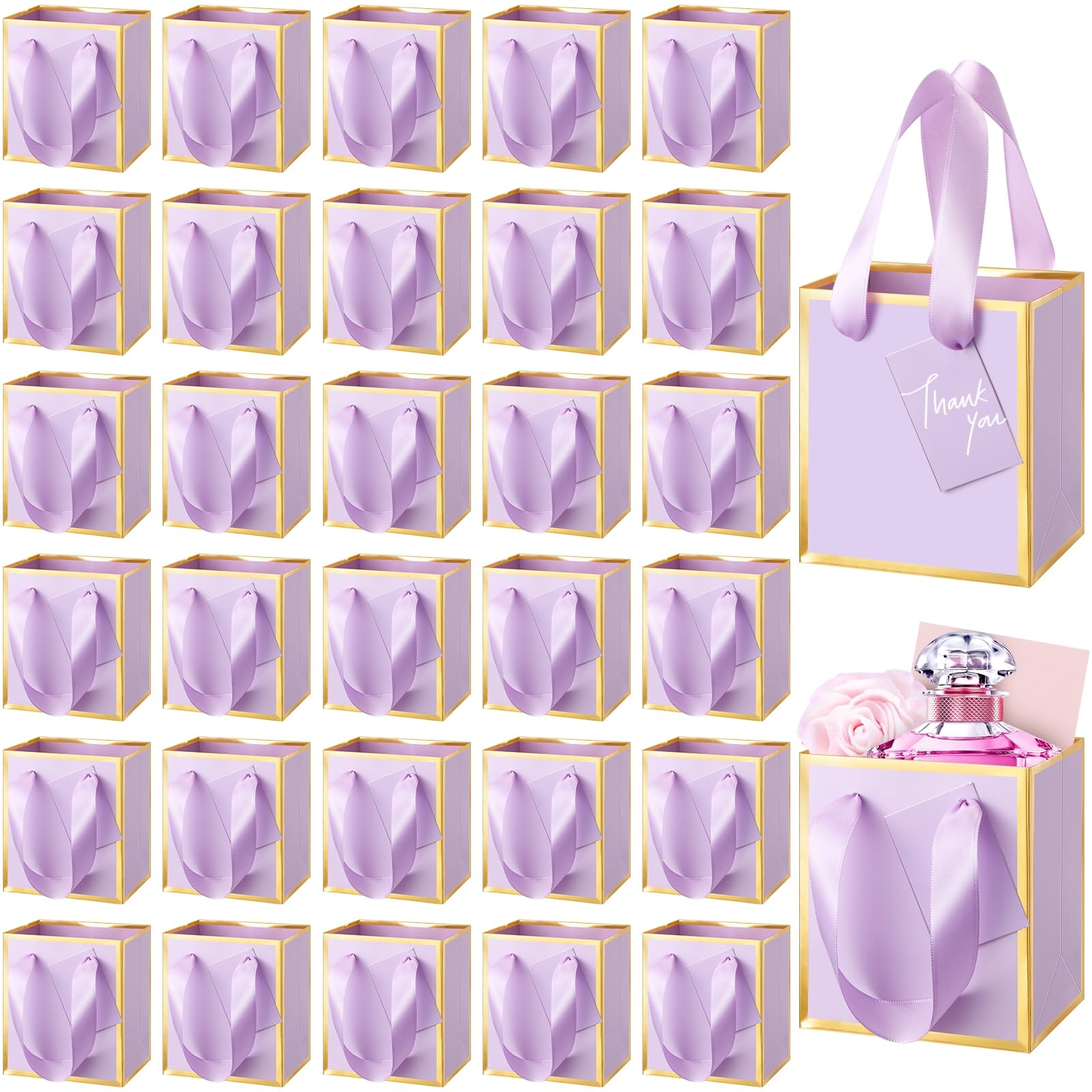 Photo 1 of Yeaqee 50 Pcs Mini Metallic Paper Gift Bags with Handles 4x2.75x4.5'' Tiny Small Gift Bags with Thank You Tag for Wedding Favor Birthday Welcome Return Gifts(Lavender, Gold)