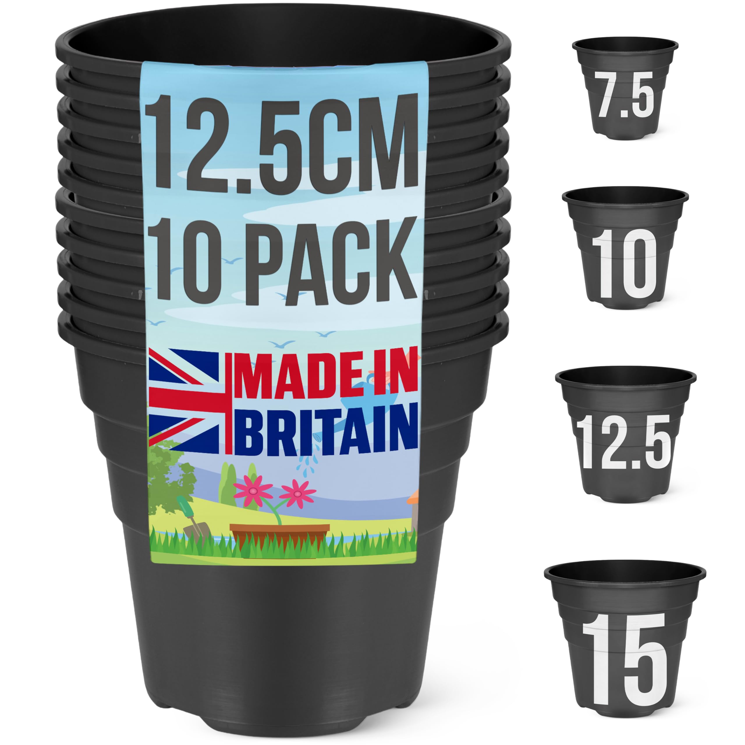 Happy Pots - 12.5cm Gloss Black - Pack of 10 Premium Plastic Plant Pots - Reusable Flower Pots for Indoor/Outdoor Home Décor Gardening - Round, Heavy Duty, UV Resistant, Recyclable - Made in UK