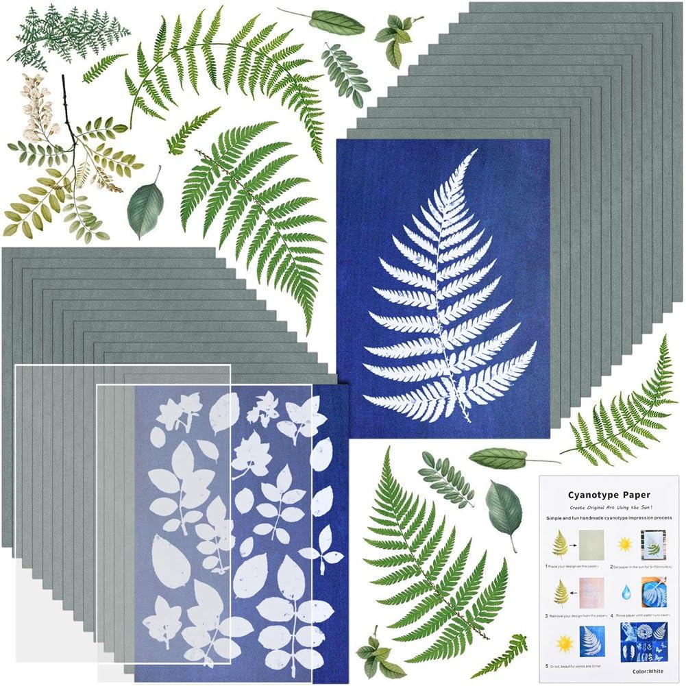 ROBMNE Sun Print Paper Kit Cyanotype Paper 32 Sheets Cyanotype Paper with 2 Sheet Acrylic Panel for Arts Crafts DIY Project