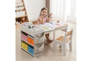 IKALIFE Kids Art Table and Chair - Toddler Craft Table and Chairs Set with 2 Chair & Bins, Large Storage Kids Activity Desk with Paper Roll for Playrooms & Classroom, 40" L x 20" W, Natural