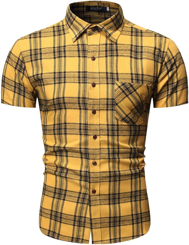 SPE969 Men’s Casual Checked Short Sleeve Shirt, Summer Plaid Button Down Pockets T-Shirt Top Blouse