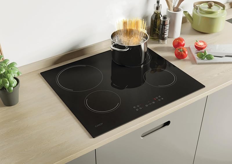 - Plaque de Cuisson Vitrocéramique - 4 Zones de Cuisson, Puissance Réglable, Détection Automatique de Zone, Commandes Groupées - 6500 W - Installation à Fleur, Bords Droits - 59 x 52 x 4,5 cm