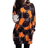 BOUTIKOME Womens Halloween Pumpkin Sweatshirt Black Cat Long Sleeve Crewneck Pullover Shirts with Pocket Tunic Tops