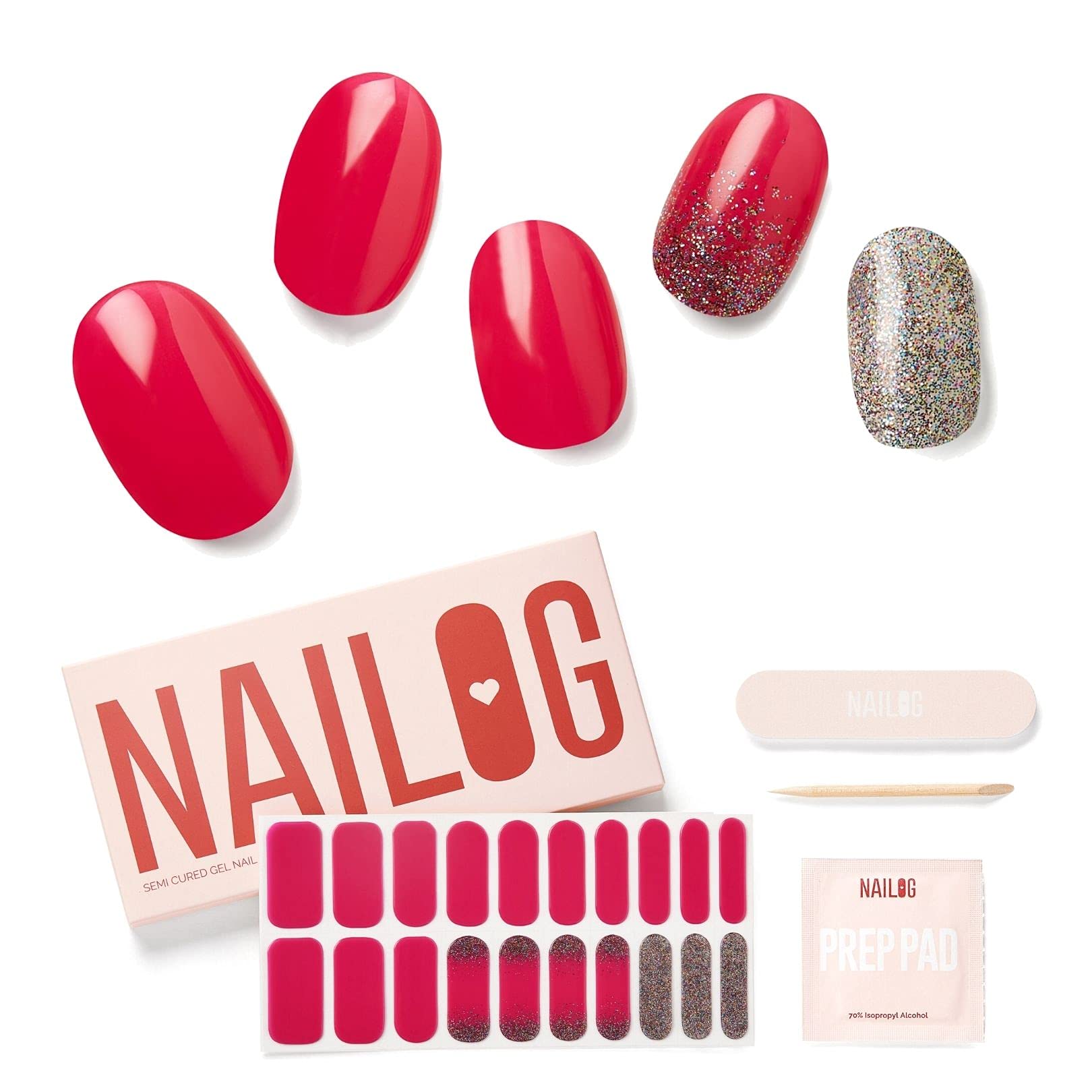 NAILOG Semi Cured Gel Nail Strips, Extra Long Nail Polish Strips (20 Pieces), Long Lasting Semi Cured Nail Stickers with Soft Glossy Gel Finish, Chance