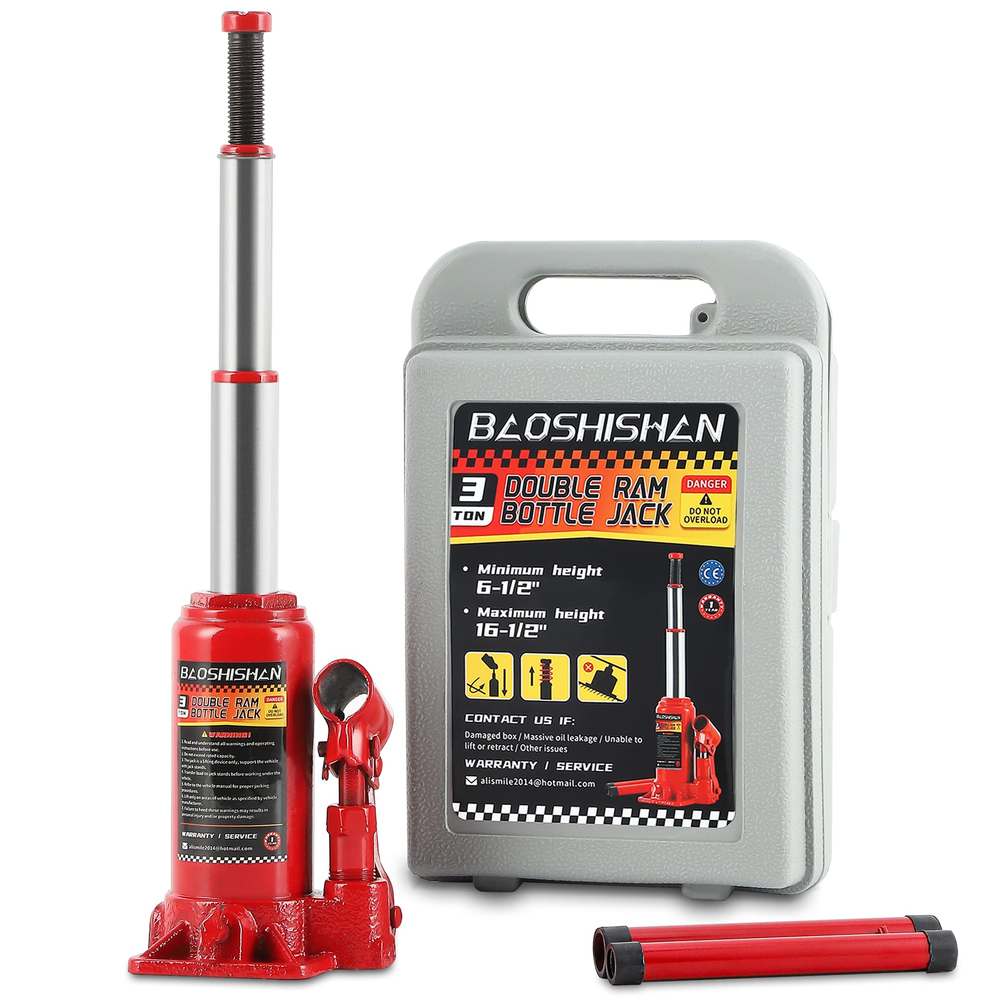 Photo 1 of BAOSHISHAN 3 Ton Double Ram Bottle Jack 6-1/2" to 16-1/2" Lifting Range Portable Hydraulic Bottle Jack with Carrying Case