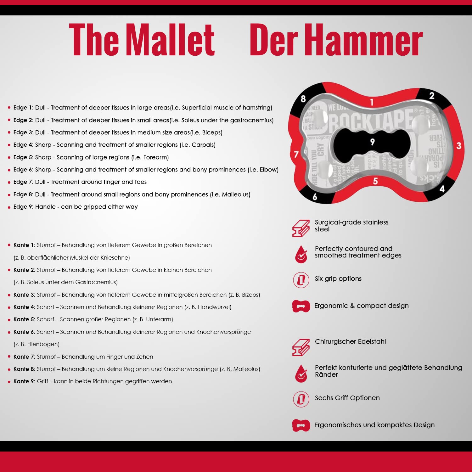 RockTape RockBlades IASTM Physical Therapy Tool Set, Soft Tissue Mobilization, 100% Stainless Steel, Easy Multi-Grip Handle, Multiple Treatment Surfaces, Medical Clinic Use
