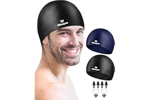 WINSYNE 2 Pack Silicone Swim Cap for Men Women, Unisex Adult Swimming Caps for Short/Long Hair to Keep Hair Dry, Waterproof Bathing Caps for Swimming with Ear Plugs & Nose Clip Set