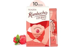 Teazen Kombucha Tea Raspberry Flavor, Sparkling Fermented Beverage Powder Mix, Zero Sugar, Fat Free, Live Probiotics & Prebio
