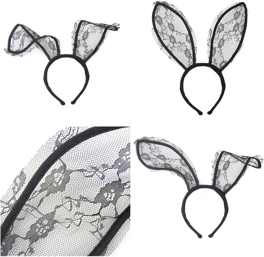 She's Shining Women Sexy Lace Bunny Rabbit Ears Headband Fancy Dress Costume Party Cosplay Hair Accessories - Black - Image 3