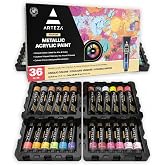 ARTEZA Metallic Acrylic Paint Set, 36 Colors, 22 ml/0.74 oz High-Viscosity | Pearl and Metallic Shades, Smooth Consistency, For Canvas, Wood, Rocks, Glass, Ceramics, Glazing, Layering and Mixed Media