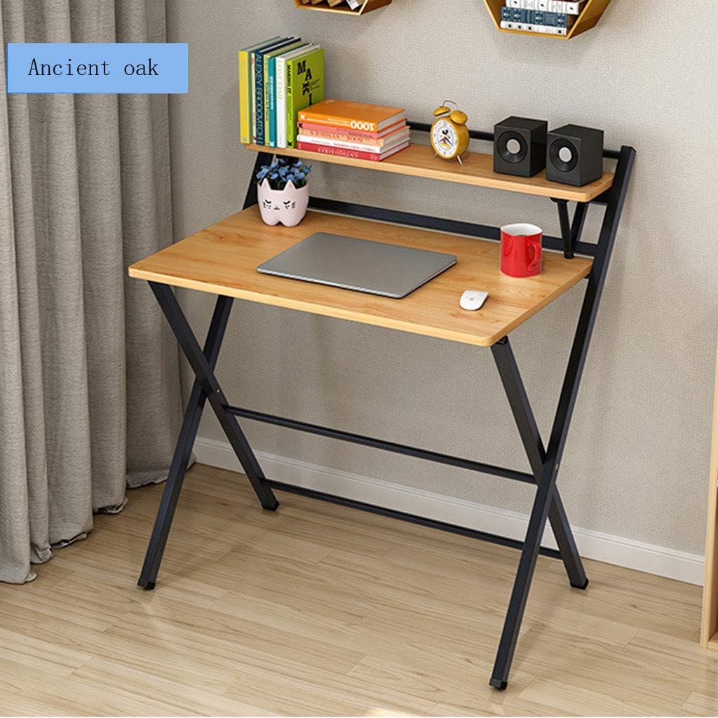 Folding Study Computer Desk Modern Simple Writing Laptop Office Table Furniture Double Storage Student Home Bookcases Desk Industrial Metal Frame (Khaki)