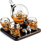 Skull Skeleton Wine & Whiskey Globe Decanter Set 850mL | Gothic Barware Gift Set with 4 Skull Head Shot Glasses 3oz & Skull Chillers on Wooden Base | Spooky Halloween Skeleton Drinkware