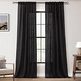 Jolilight Black Linen Curtains 84 inches Long for Bedroom Back Tab Light Filtering Privacy Semi Sheer Black Curtains Living Room Boho Rustic Farmhouse Cotton Textured Gauze Curtain 2 Panel Set