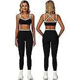 ABOCIW Two Piece Workout Sets for Women Color Block Strappy Sports Bra High Waist Leggings Yoga Pilates Outfits