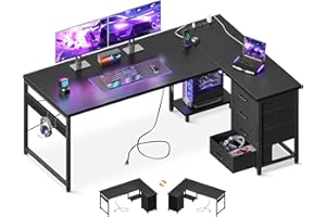 AODK L Shaped Gaming Desk with 4 Drawers, 61" Reversible Home Office Desks with Power Outlets, L Shaped Computer Desk with USB Charging Port and Host Stand, Corner Desk, Easy to Assemble, Black