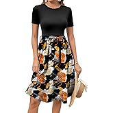 Women's Elegant Vintage Round Neck Short Sleeve Summer Casual Work Party A-Line Dress with Belt 809