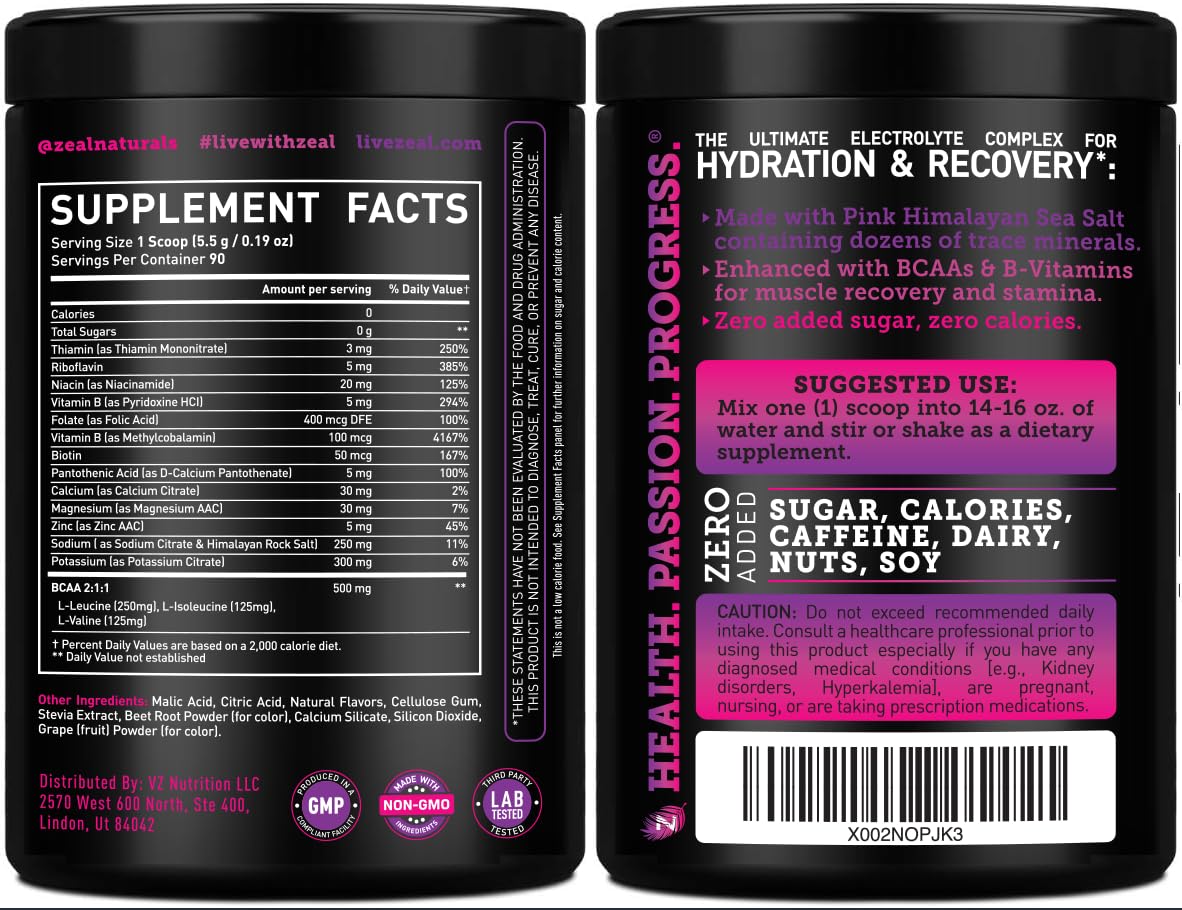 Zeal Naturals Electrolyte Powder Recovery Drink (90 Servings | Black Cherry) w/ 0 Sugar +BCAAs +B-Vitamins Electrolyte Supplement w Potassium Zinc & Magnesium for Hydration - Keto Electrolytes