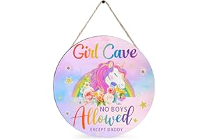 CLOVERKOI Girl Cave Sign Nursery Decor, Unicorn Room Decor for Baby Girls Bedroom, Wooden Little Baby Girl Nursery Wall Decor, Pink Purple Rainbow Nursery Decor