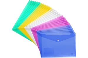 H&S A4 Plastic Folders for Documents - Pack of 30 - Clear Envelopes with Snap Closure - Reusable & Multi-Colored Plastic Set w/Pockets
