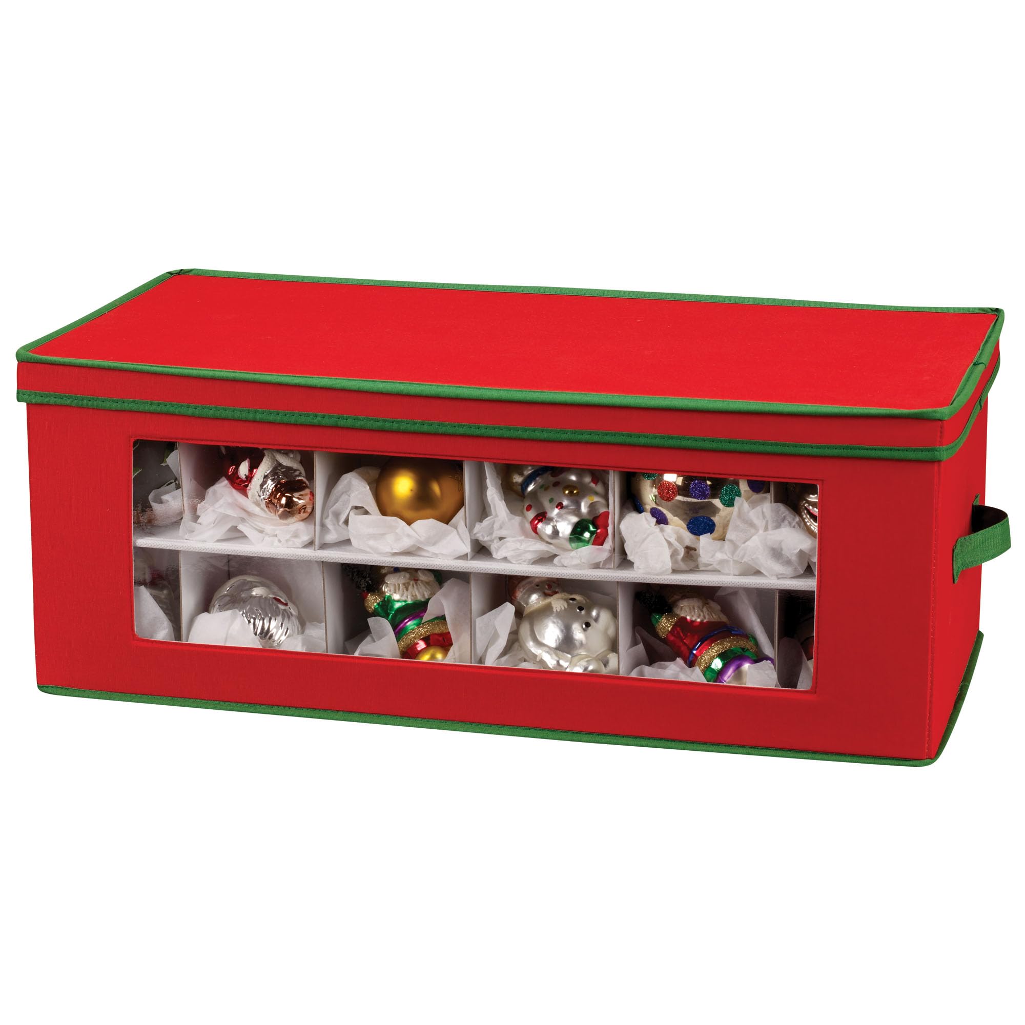 Household Essentials 551RED Large Christmas Tree Ornament Storage Box -Stores Up to 36 Xmas Ornaments - Red Bin with Green Trim