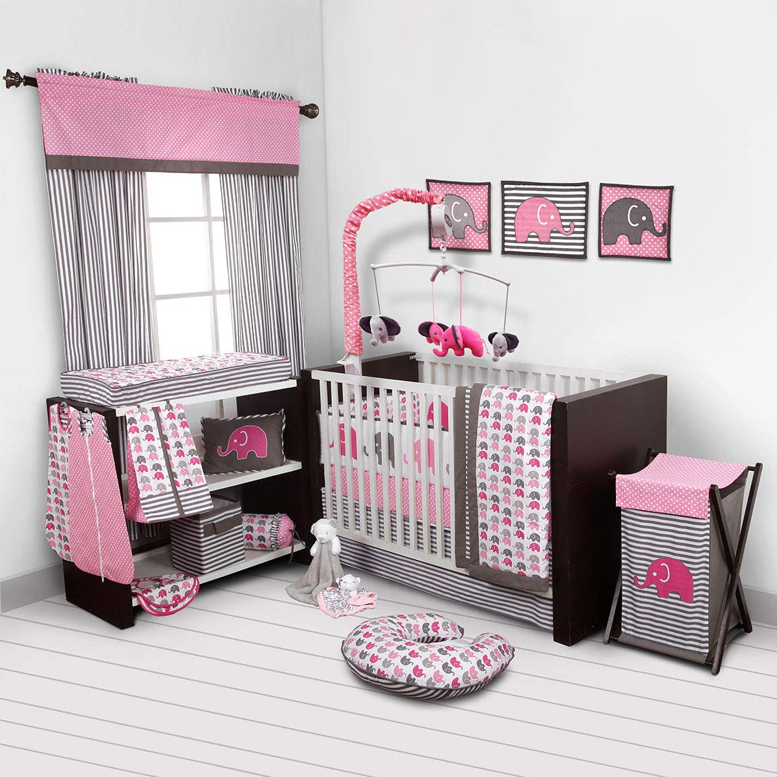 pink grey elephant baby bedding