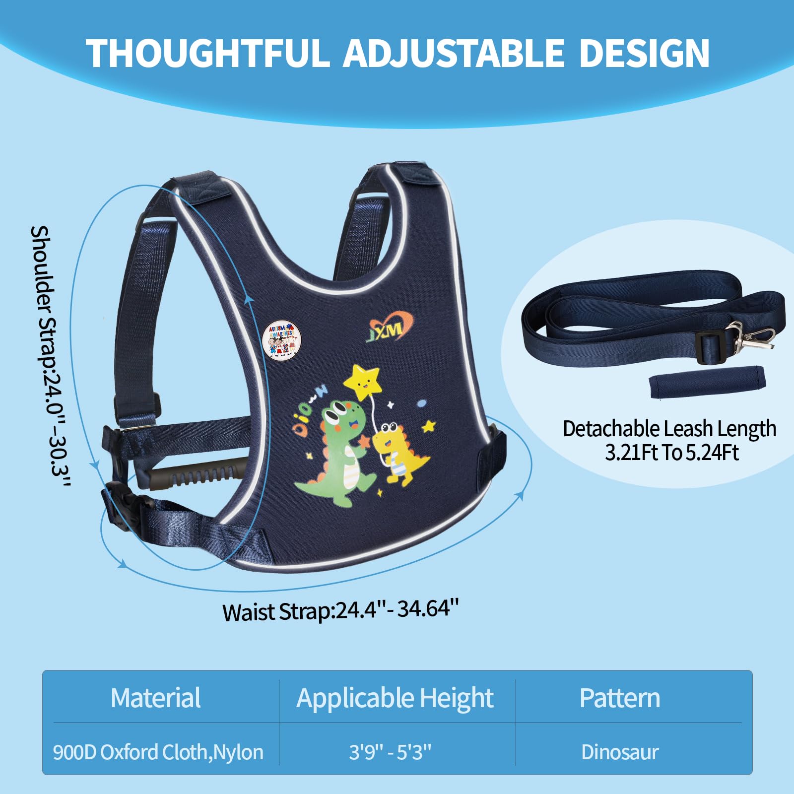 2025 New Safety Walking Harness for Big Kids (6-12yrs) with Autism Special Needs ADHD, Anti-Elopement Vest Harness with Grab Handle and Light Reflector, Adjustable Leash for Autistic, Active Child