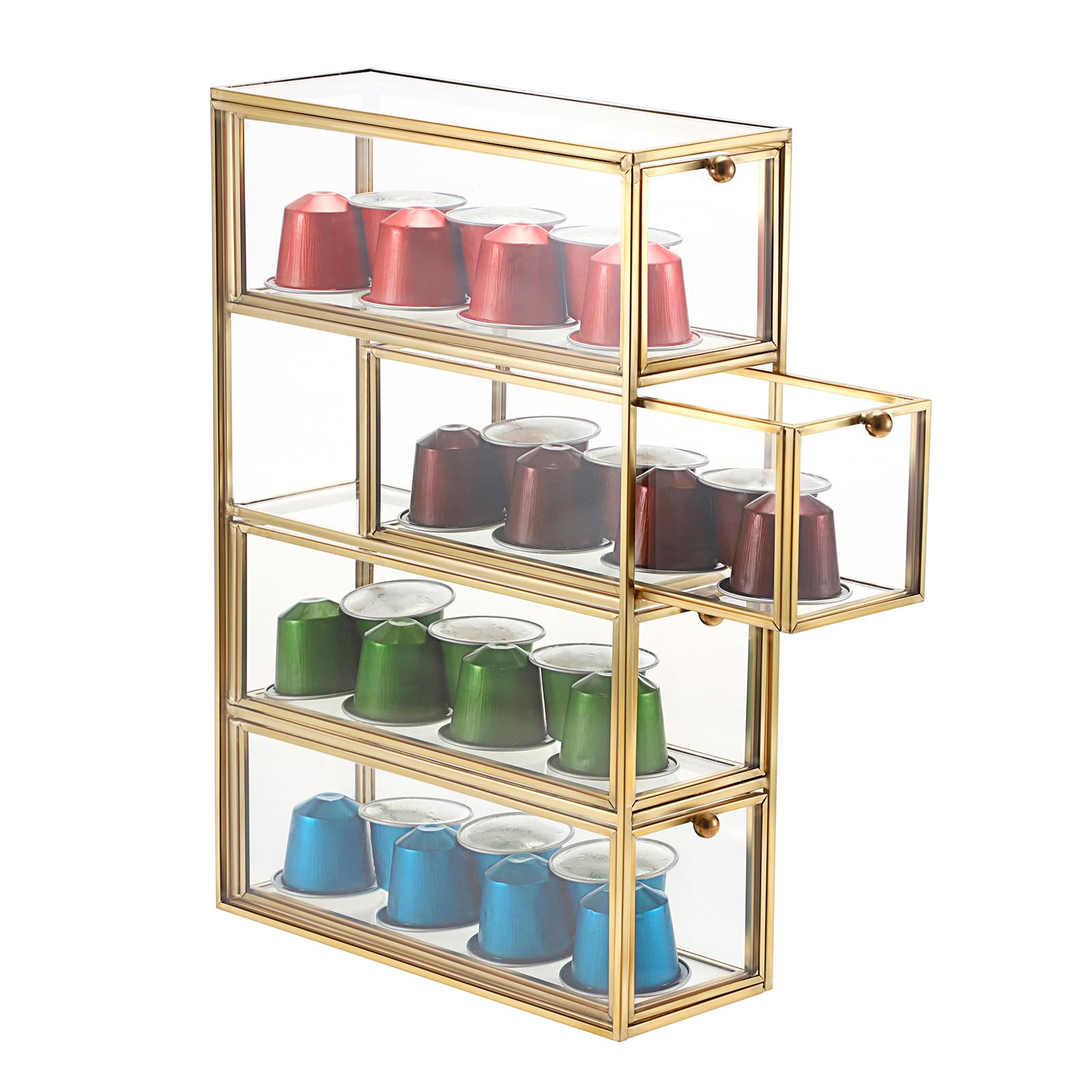 Photo 1 of ELLDOO Coffee Pod Holder with 4 Drawers, Gold Glass Coffee Pod Organizer for K Cup Espresso, Clear Coffee Capsule Storage Holder for Coffee Bar Office Home Coffee Station Counter