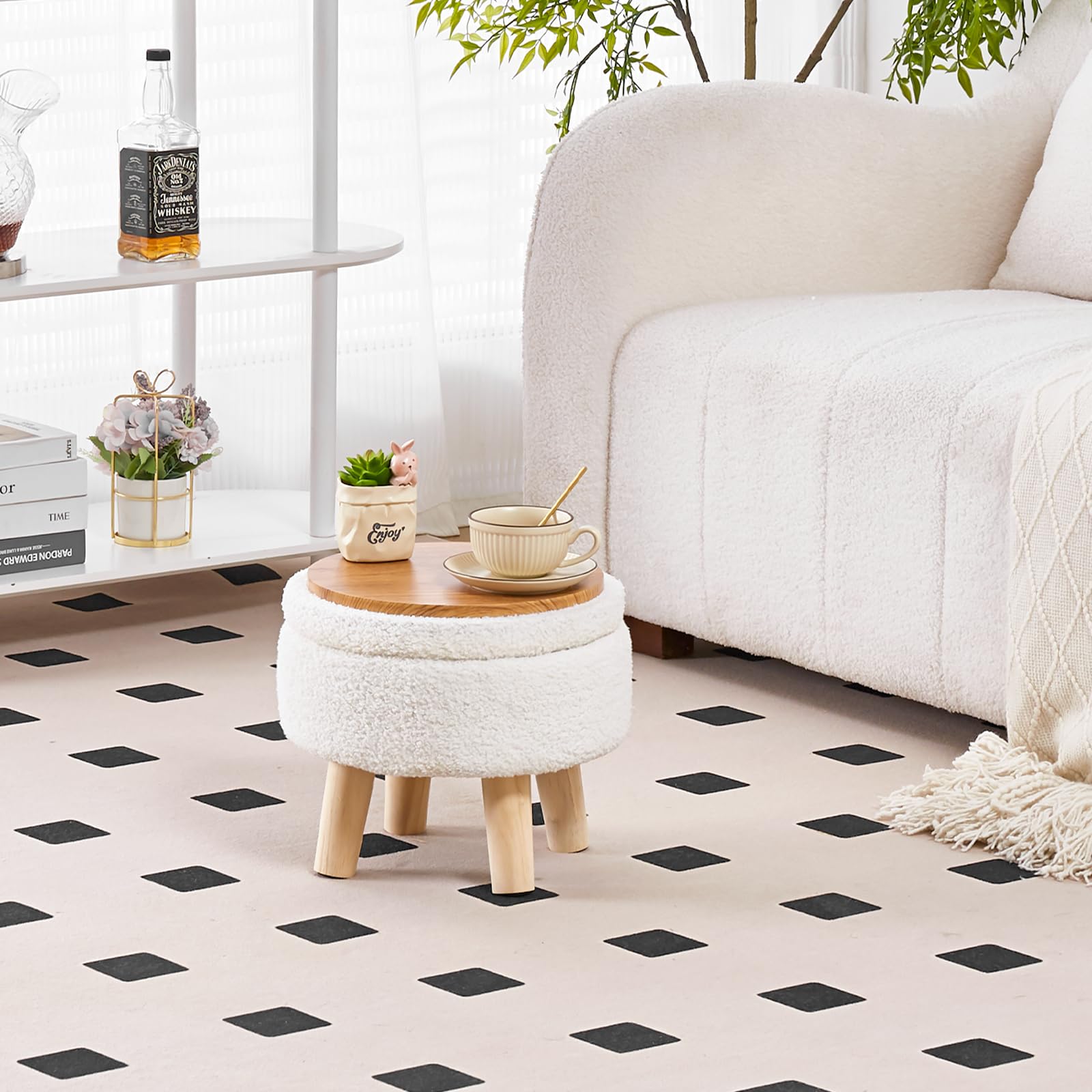 Wimarsbon Storage Ottoman, Modern Round Footrest with Soft Padded Seat, Teddy Velvet Footstool with Wood Legs, Accent Small Table or Plant Stand for Hallway, Living Room (Cream) - Image 2