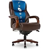 La-Z-Boy Delano Big & Tall Executive Office Chair, Ergonomic Mid-Back Body Pillow Lumbar Support, ComfortCore Memory Foam Cushion, Mahogany Wood Arms & Swivel Base, Bonded Leather, Chestnut Brown