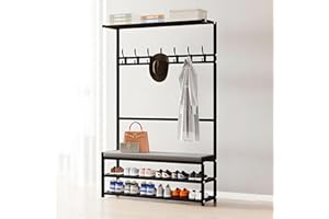 Barlezy Hall Tree with Bench and Shoe Storage, 3-in-1 Entryway Coat Rack Stand with Bench/Leather Cushion, Coat Rack with 2-T