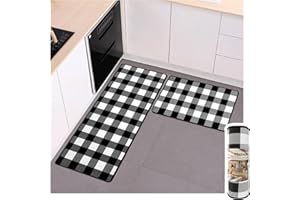 Matace Buffalo Check Plaid Kitchen Rug Set - 2PCS (17x47 & 17x29), Farmhouse Style, Non-Printed Woven Surface, Non-Slip, Machine Washable, Black & White