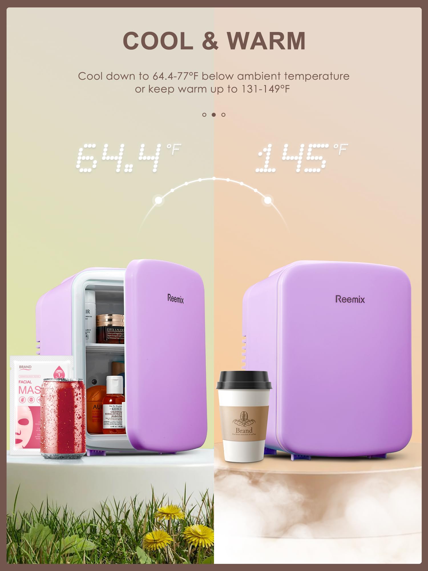 Reemix Mini Fridge, 3.7 Liter/6 Can Portable Cooler and Warmer Personal Refrigerator for Skin Care, Cosmetics, Beverage, Food,Great for Bedroom, Office, Car, Freon-Free (Purple)