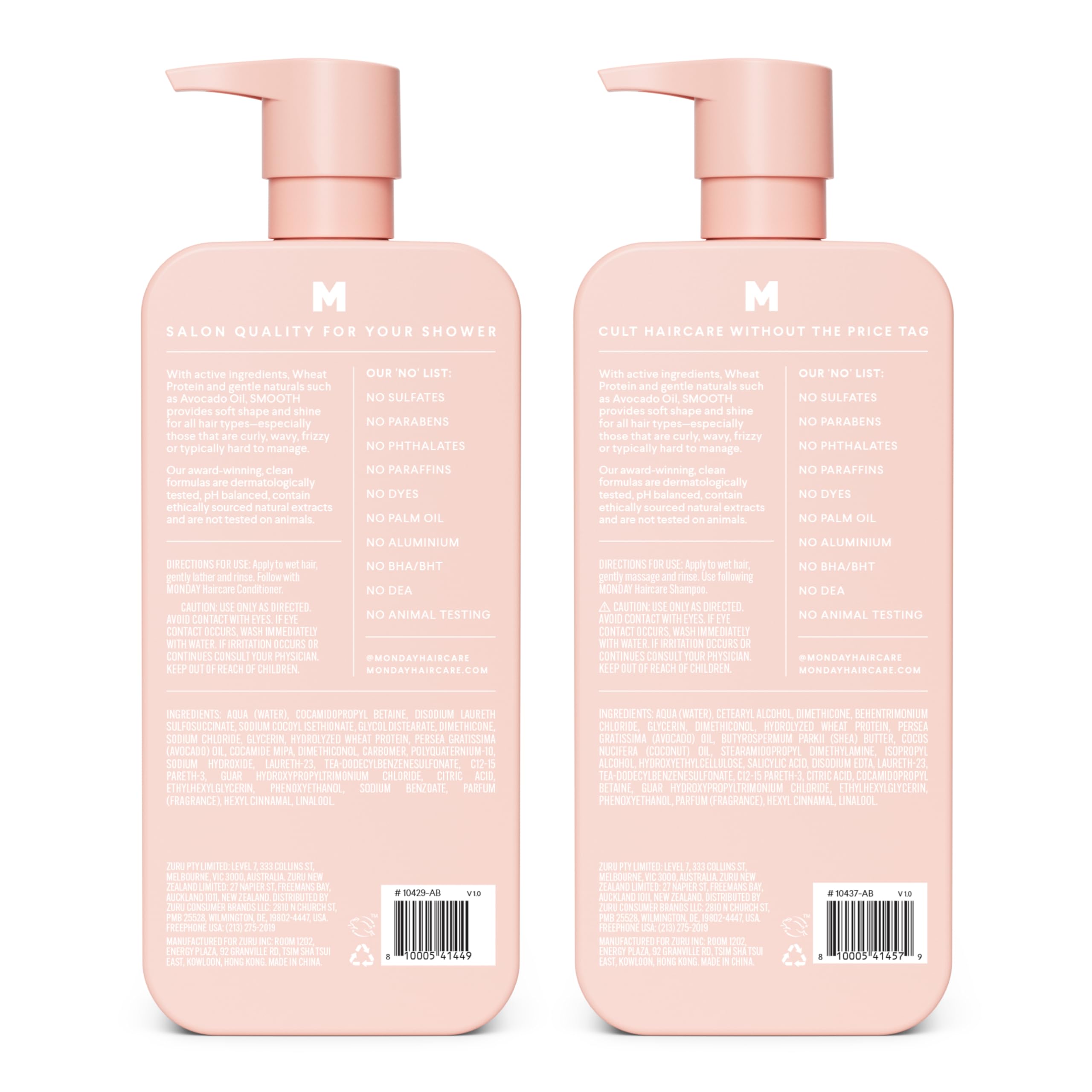 MONDAY HAIRCARE Smooth Shampoo + Conditioner Bathroom Set (2 Count) 27 oz Each For Frizzy, Coarse & Curly Hair Made with Coconut Oil, Shea Butter & Vitamin E 100% Recyclable Bottle Pink