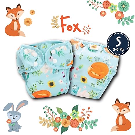 Paw Paw Reusable Cloth Diaper for Babies/Washable Cloth Diapers with Inserts (Small (3-6 Kg), Fox Print)
