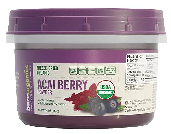 BAREORGANICS ACAI BERRY POWDER, SUPERFOOD POWDER, ORGANIC DIETARY SUPPLEMENT, 4 OUNCES