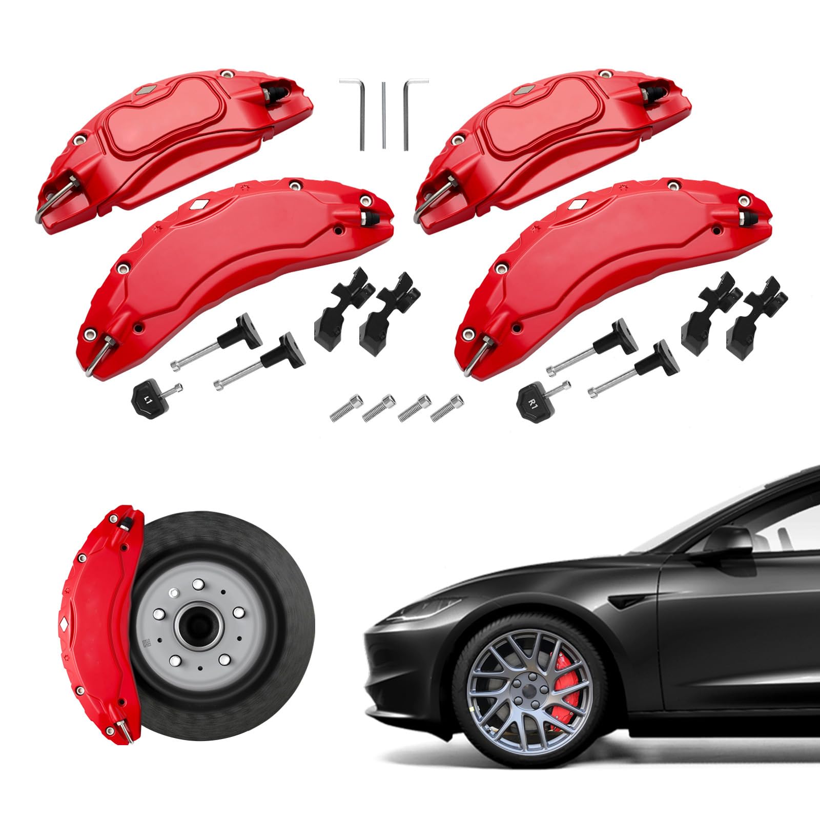 Photo 1 of Brake Caliper Covers Set of 4 Compatible with for Tesla Model 3 Highland 2024 .18/19 inch Wheel Hub Front and Rear Brake Caliper Covers -Fit For Tesla Brake Caliper (Model 3 2024)