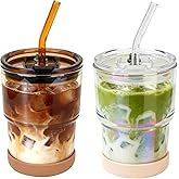 Zukro 13 oz Glass Iced Coffee Cups with Lid and Straw, Leak Proof Glass Tumbler for Ice Tea, Water, Non-Slip Silicone Bottom, Thick Wall Drinking Glasses for Home/Office, BPA Free, Amber & Shrimmer
